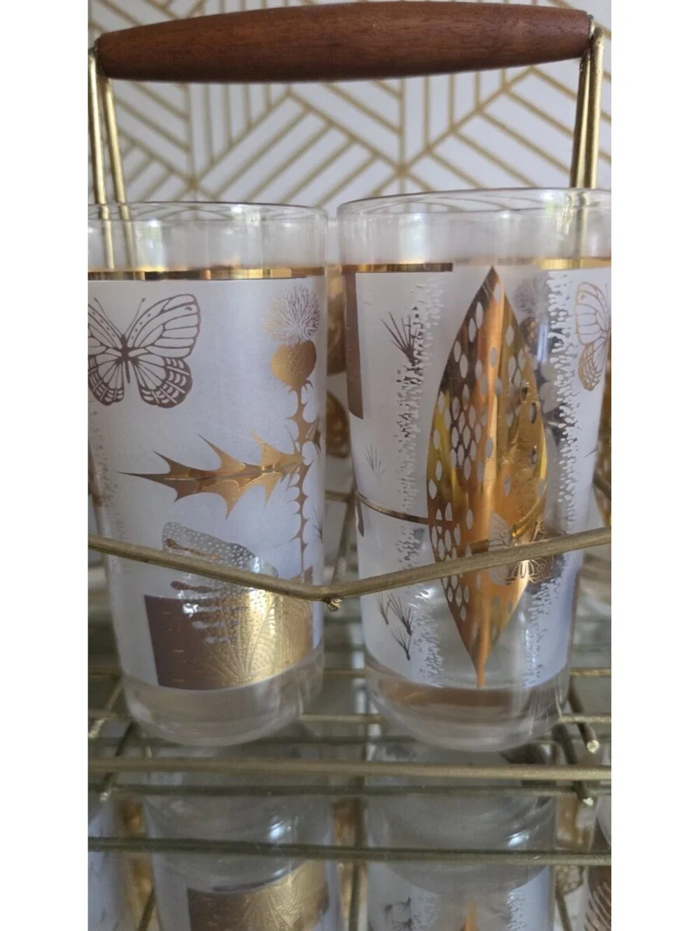 Vintage Midcentury Cutler Golden Meadow Butterfly Set of 8 Glasses With Caddy